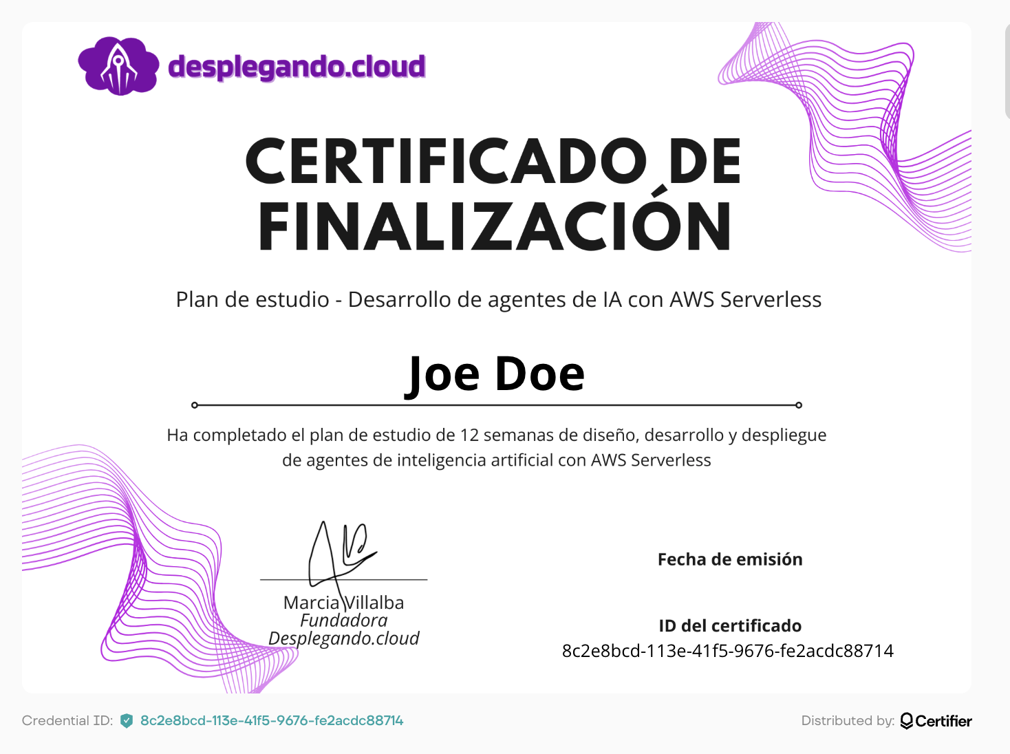 Certificado de muestra - Diseña y desarrolla agentes de IA